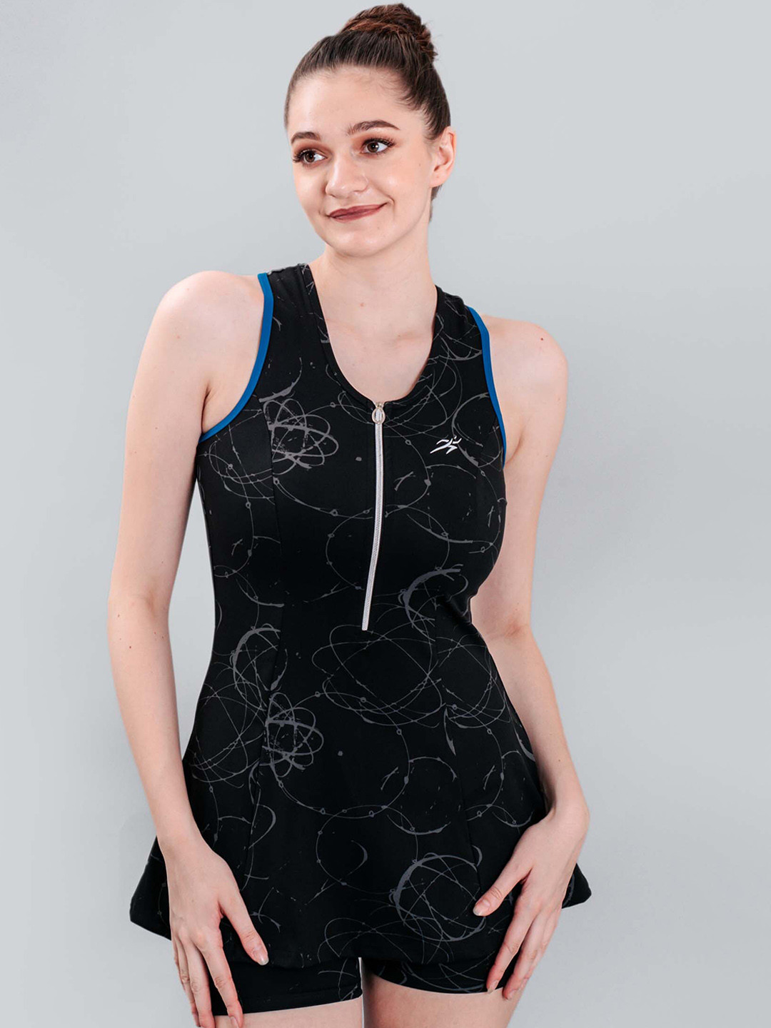 Keepfit Women Printed Racerback Padded Swimsuit with Front Zipper top and Boyshorts