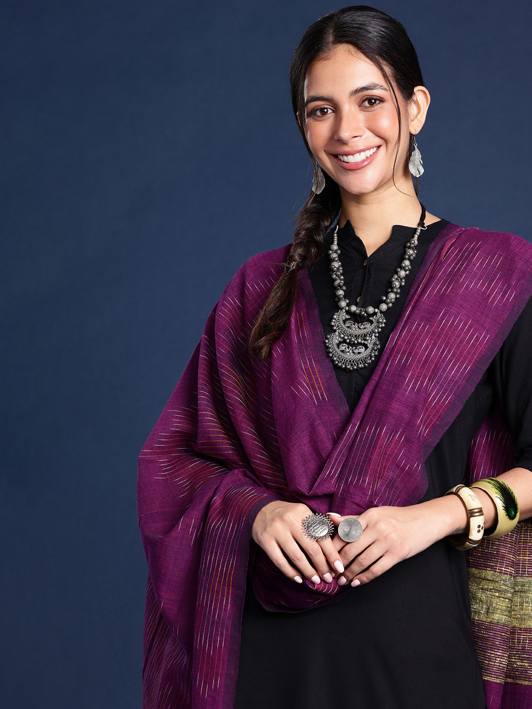 Taavi Striped Pure Cotton Ikkat Dupatta