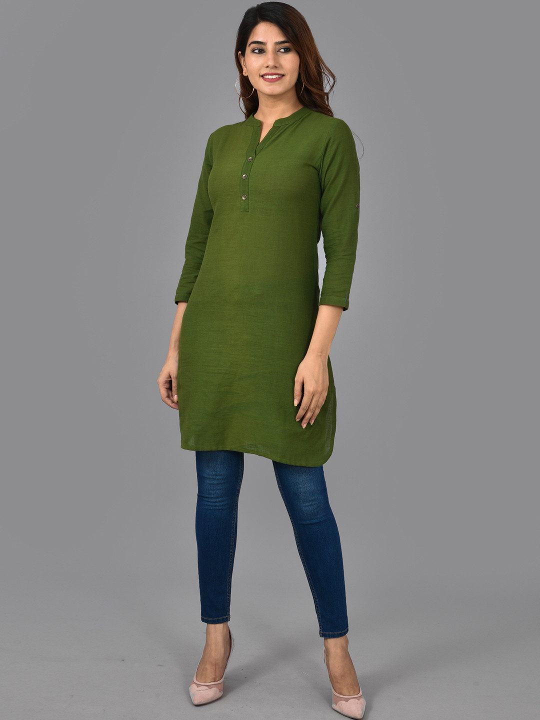 AAYUMI Mandarin Collar Roll-Up Sleeves Straight Kurta