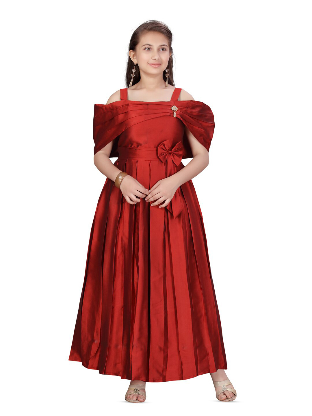 BAESD Girls Cold-Shoulder Sleeves Pleated & Bow Silk Maxi Dress
