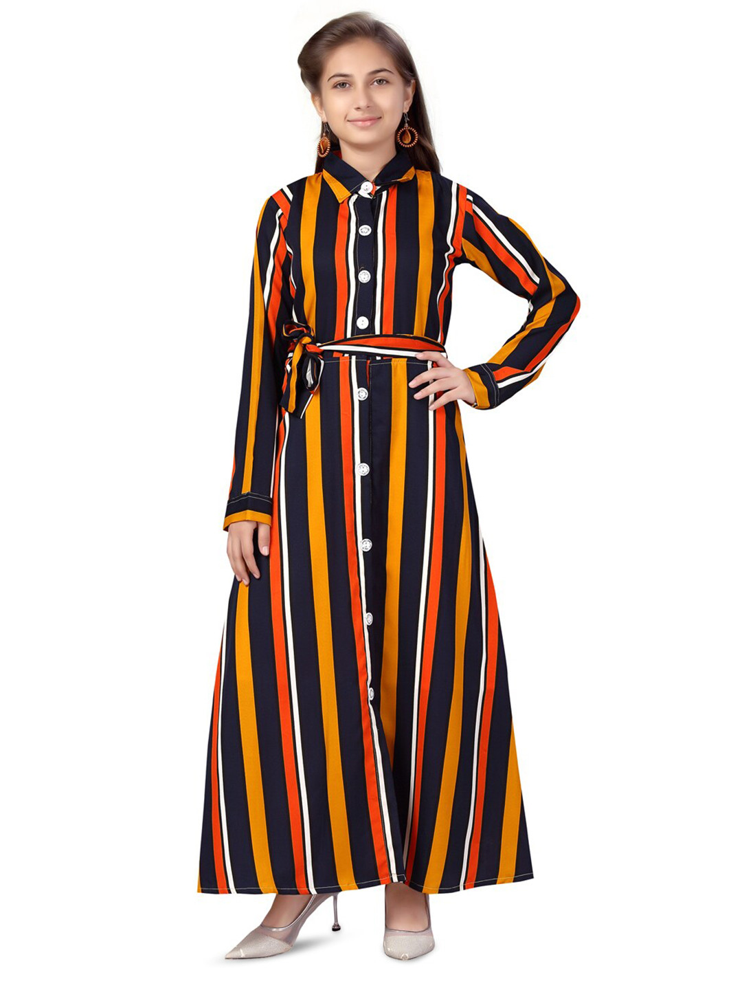 BAESD Striped Shirt Collar Maxi Shirt Style Dress