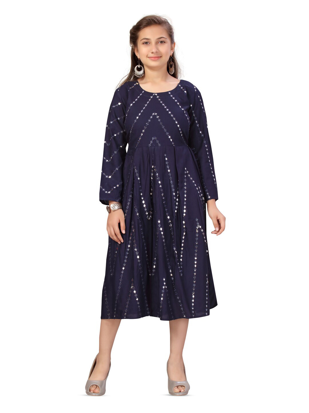 BAESD Girls Ethnic Motifs Embroidered Mirror Work Fit & Flare Cotton Dress