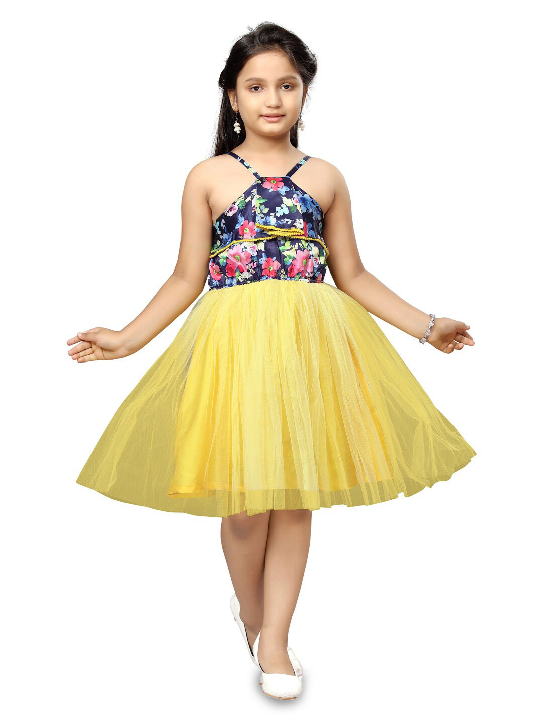 BAESD Girls Floral Printed Tulle Gathered Halter Neck Fit & Flare Dress