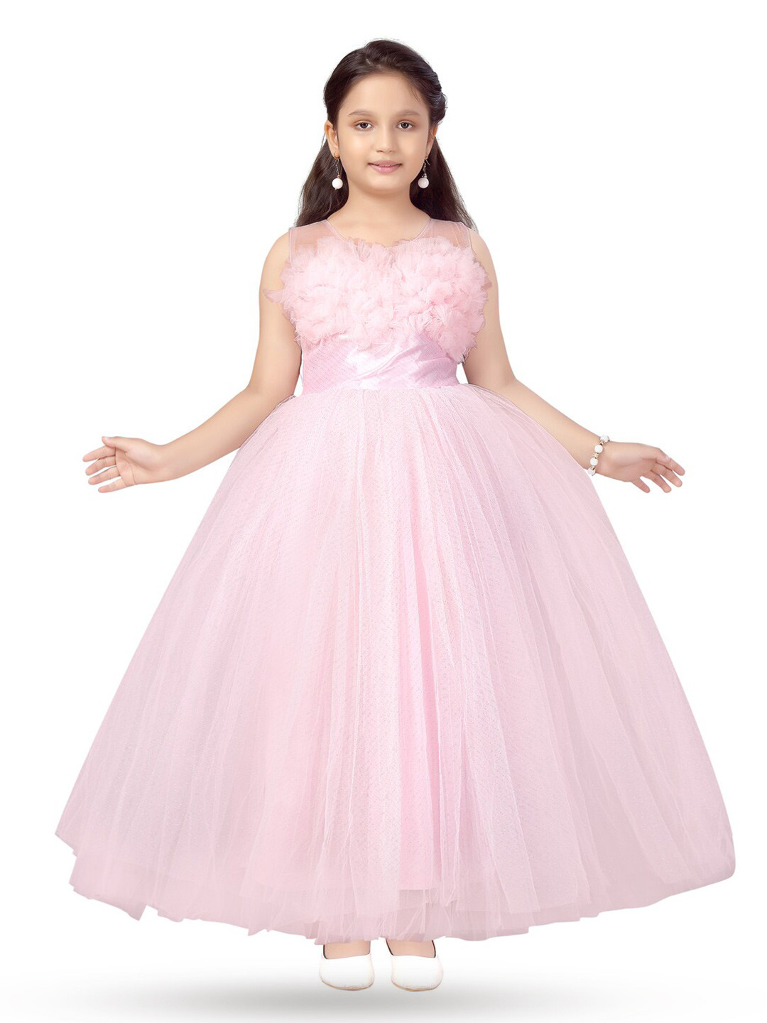 BAESD Micro Ditsy Printed Sleeveless Ruffled Net Maxi Dress