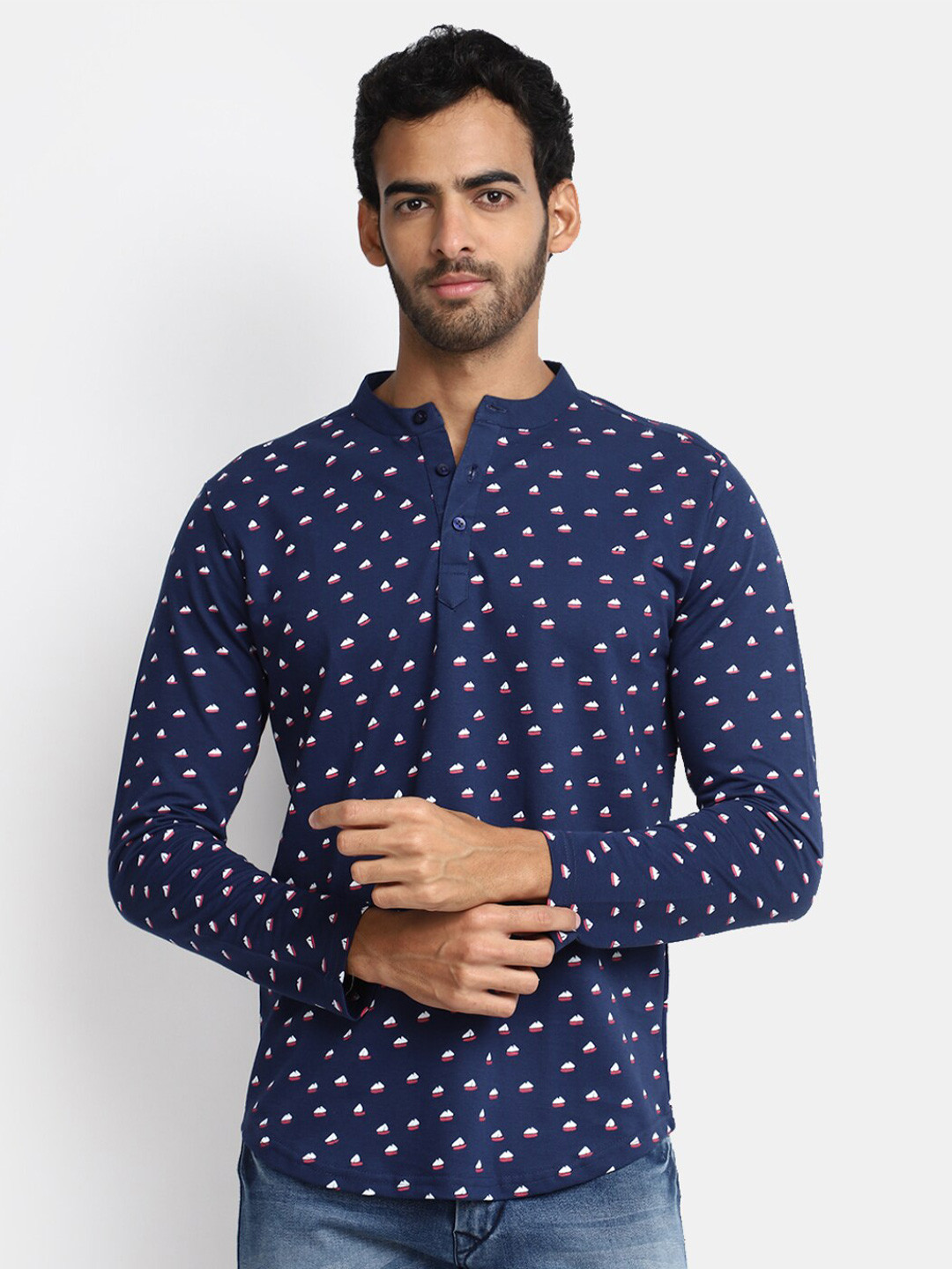 V-Mart Conversational Printed Henley Neck Slim Fit Cotton T-shirt