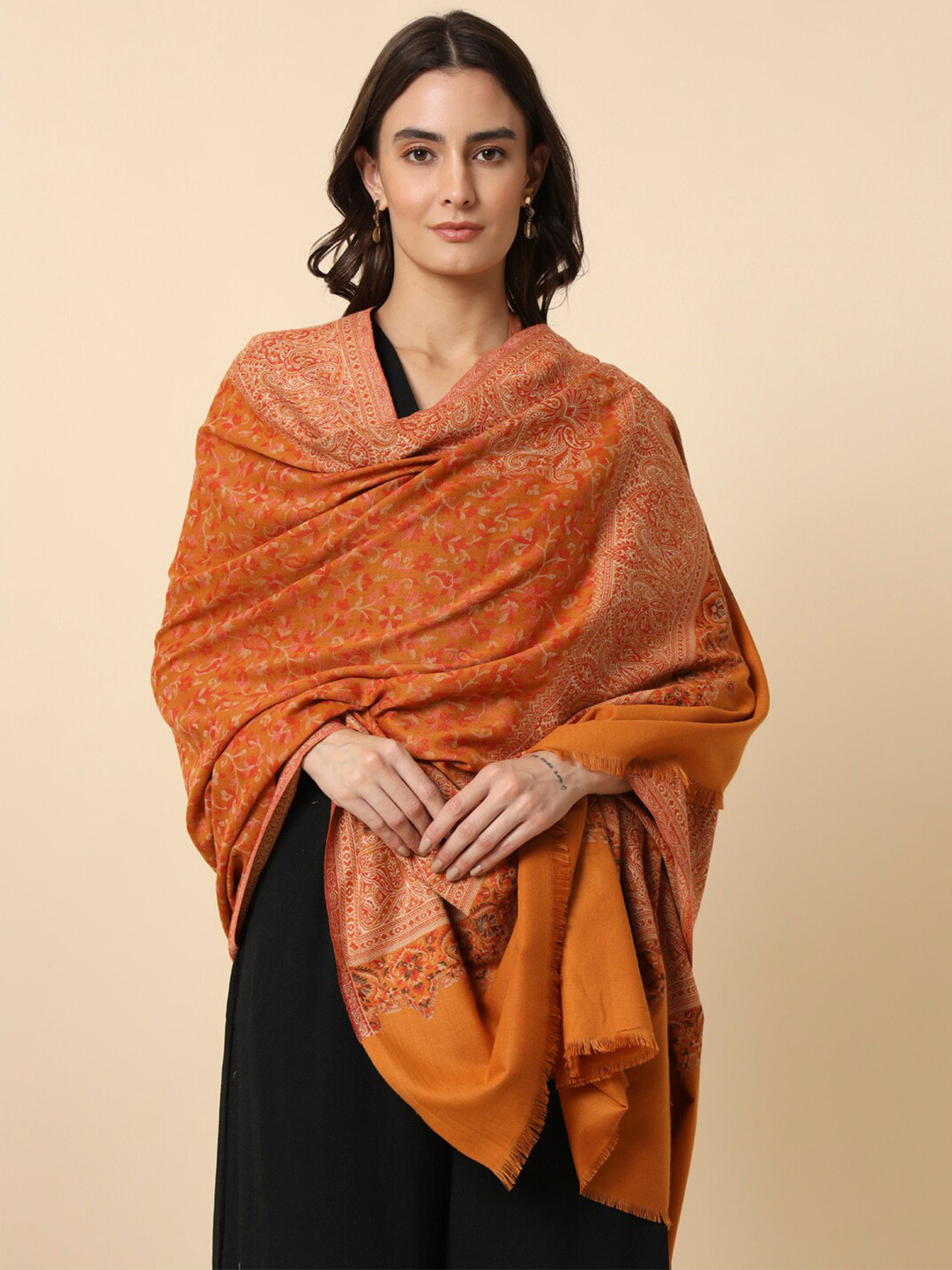 HERE&NOW Mustard Yellow Kaani Paisley Woven Design Shawl