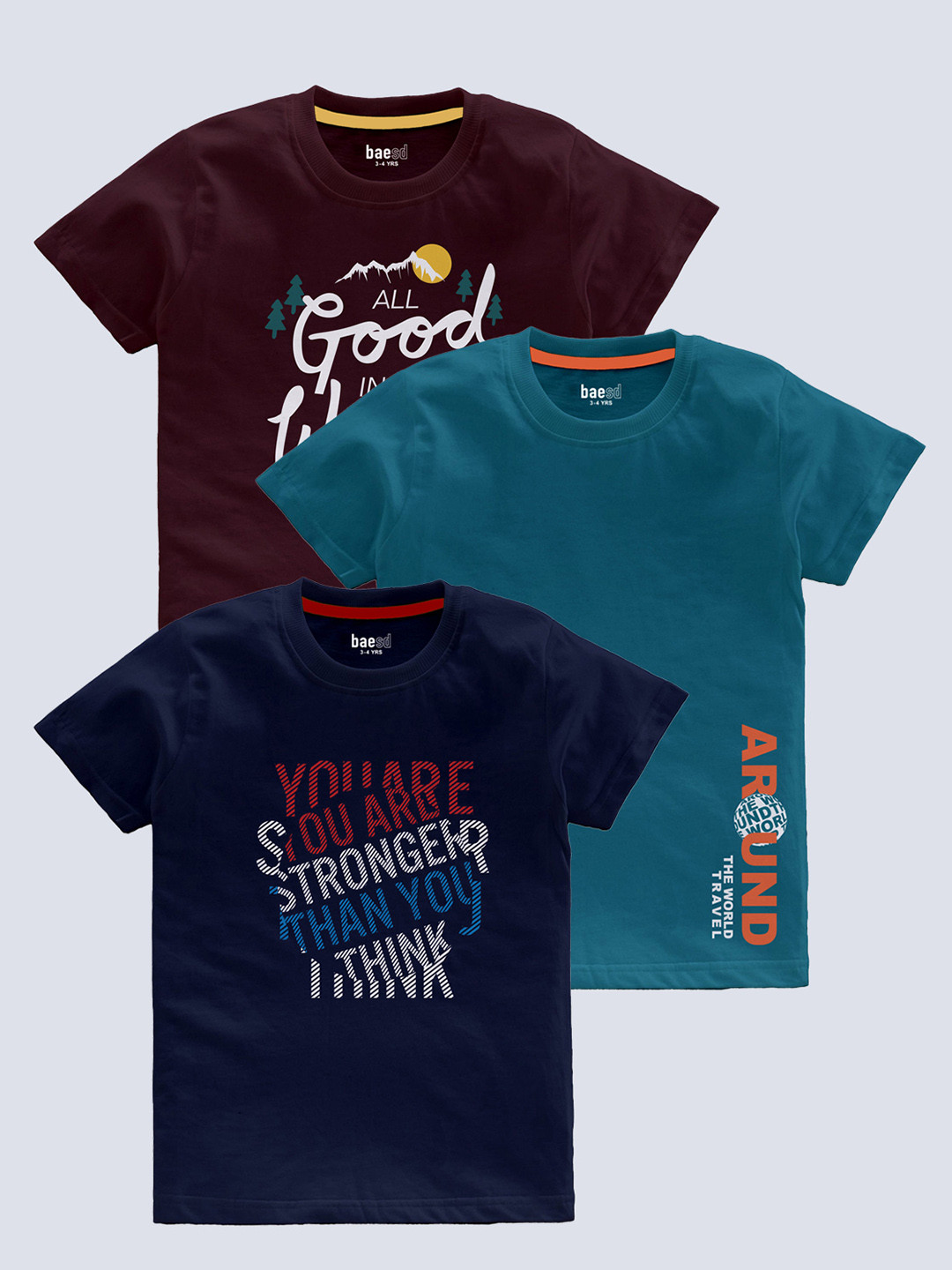 BAESD Boys Pack Of 3 Typography Printed T-Shirts