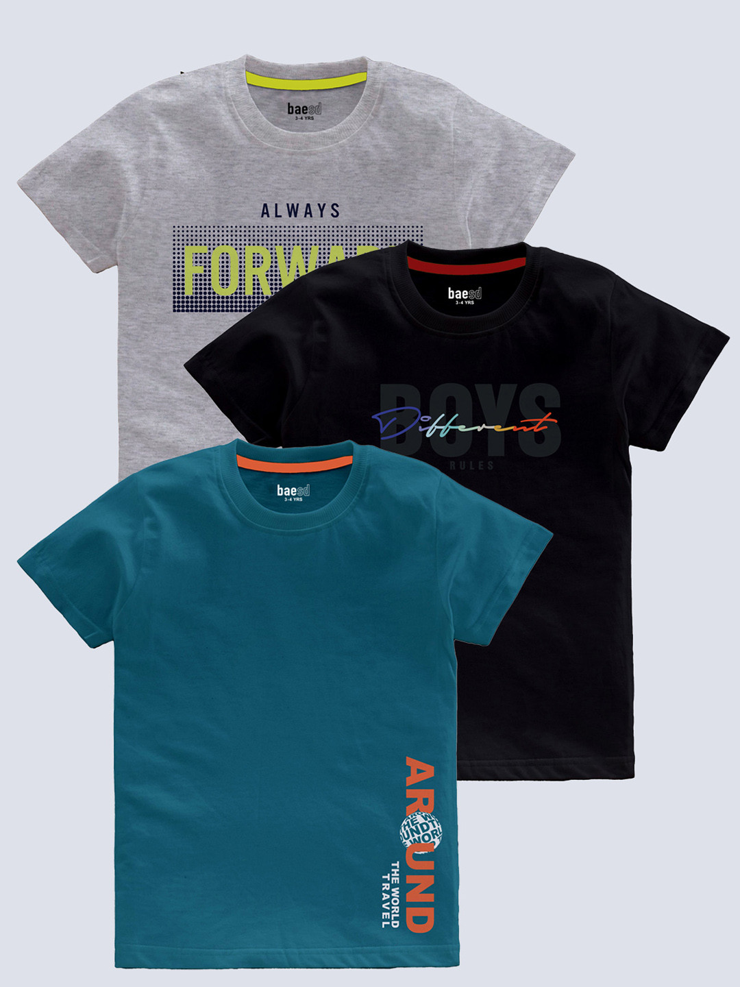 BAESD Boys Pack Of 3 Typography Printed Round Neck Casual knitted T-shirts