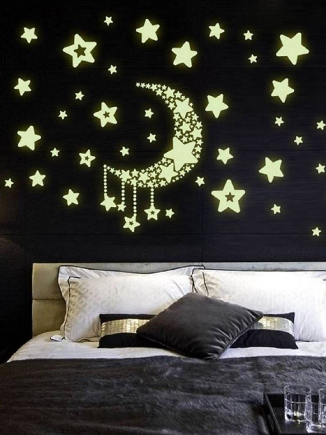 Jaamso Royals Black Radium Moon & Falling Stars Printed PVC Wall Sticker