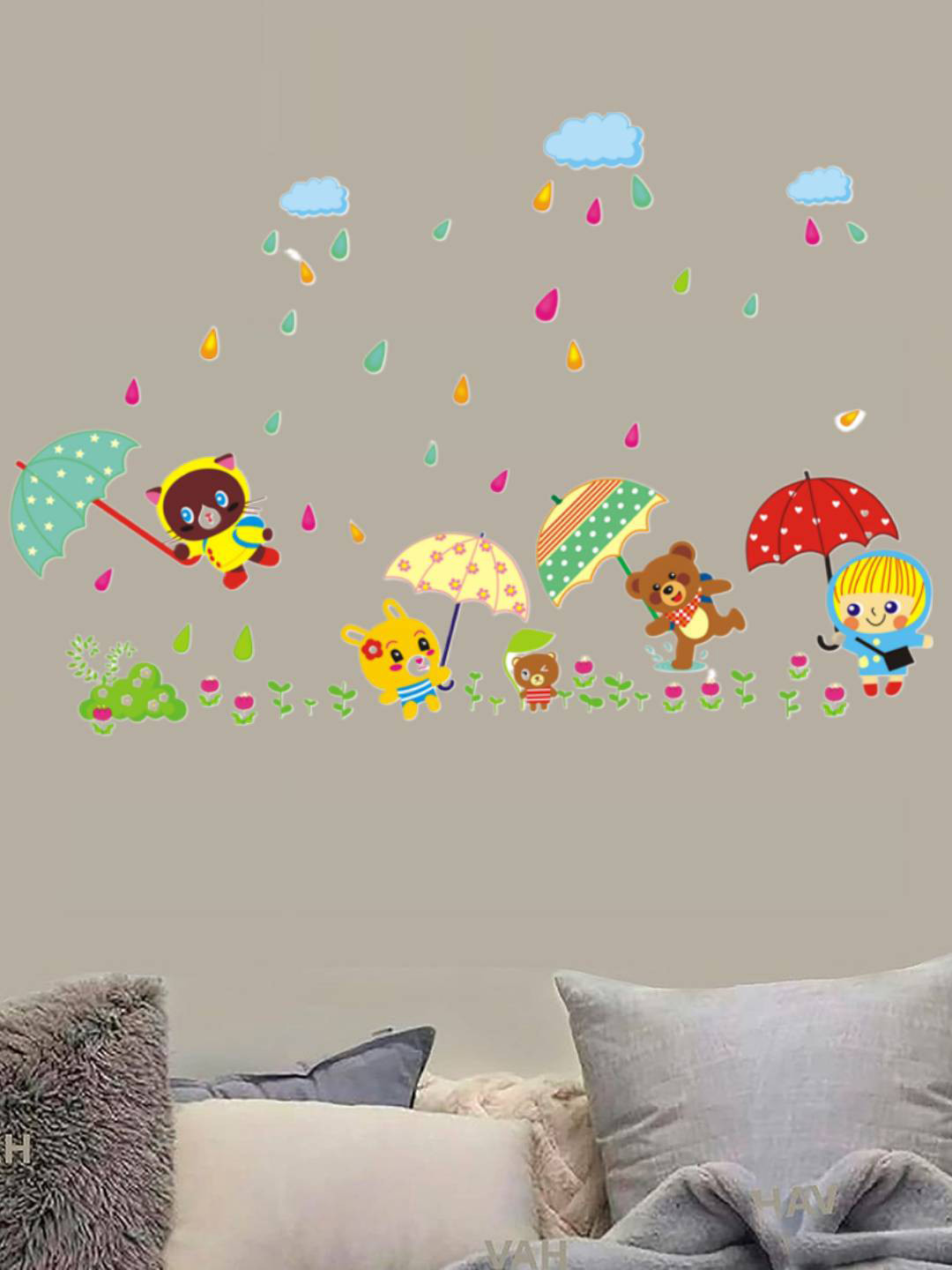 Jaamso Royals Red & Green Animal Playmate Holding an Umbrella in Rain PVC Wall Sticker