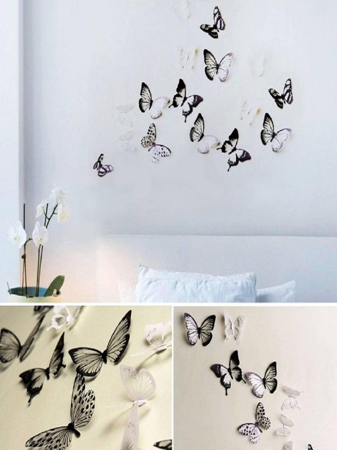 Jaamso Royals Black & White 3D Butterfly PVC Removable Wall Stickers
