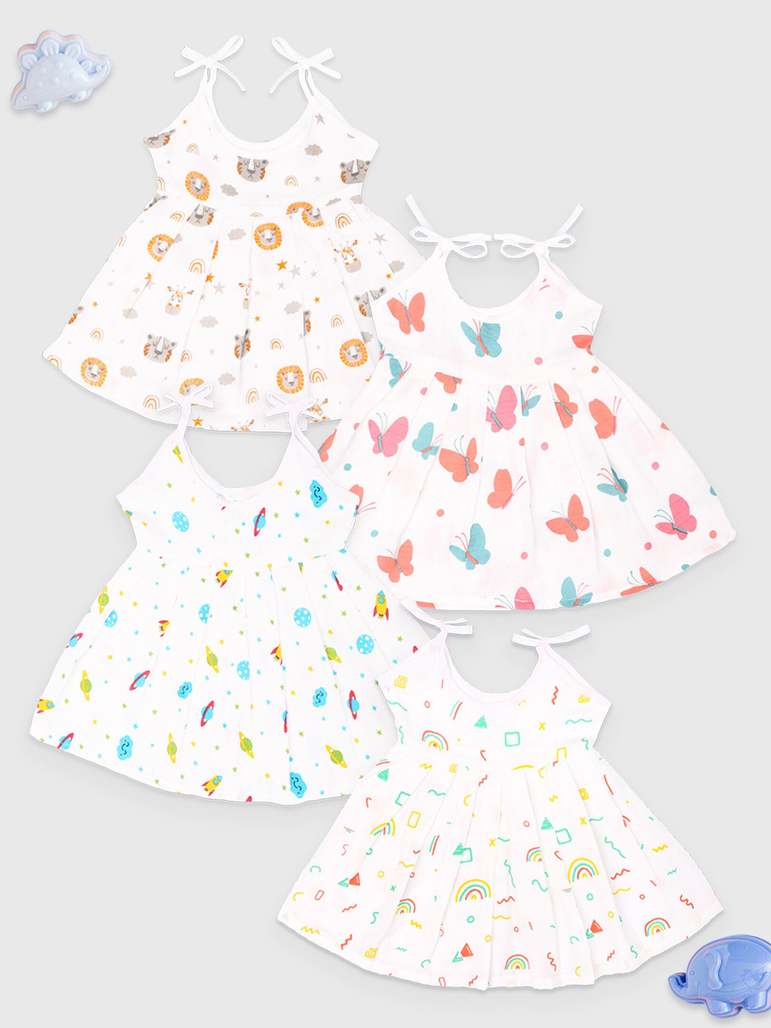 Kidbea Pack of 4 Girls Conversational Printed Shoulder Straps A-Line Dress