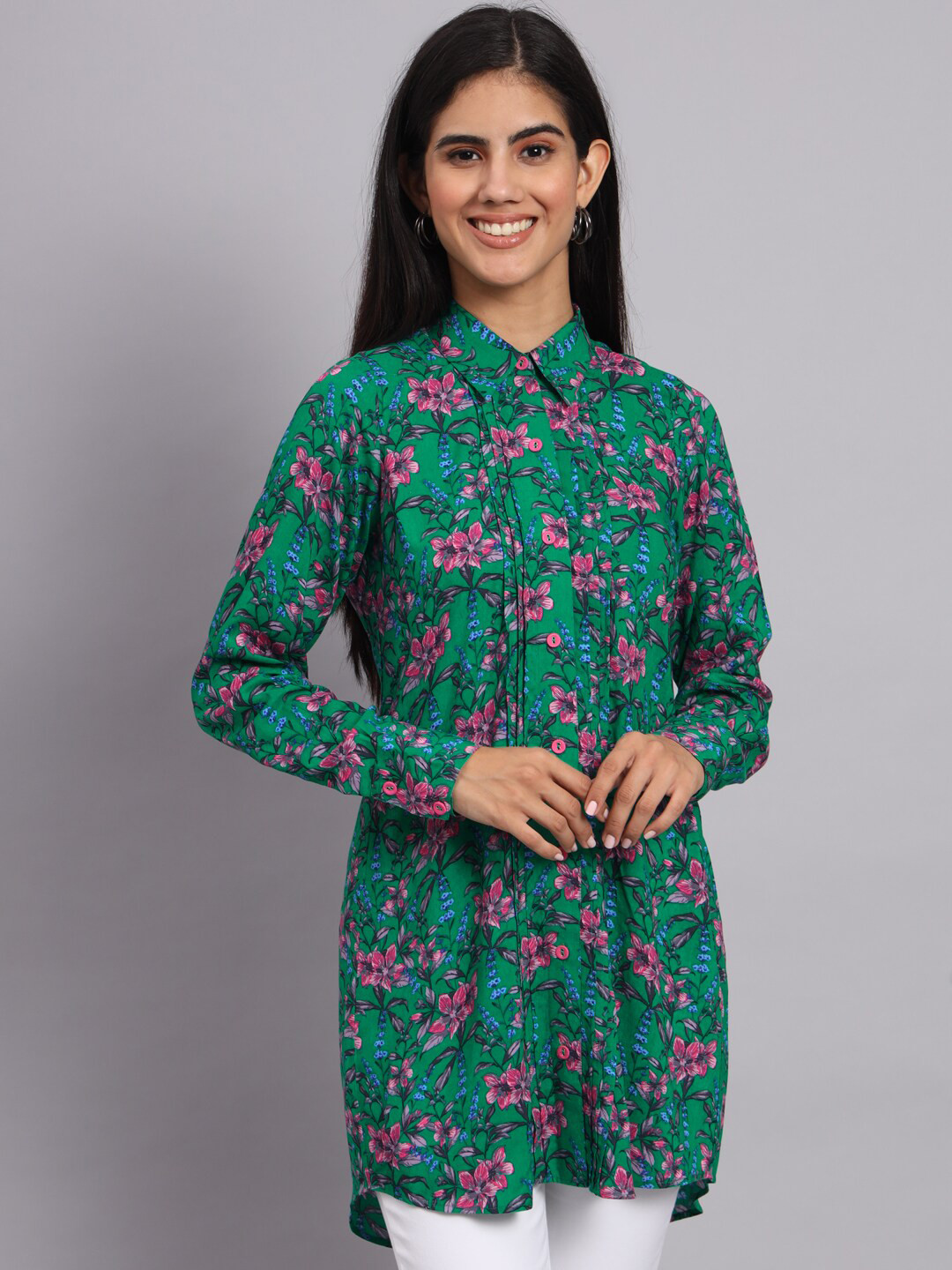 Tissu Floral Printed Shirt Collar Straight Kurti