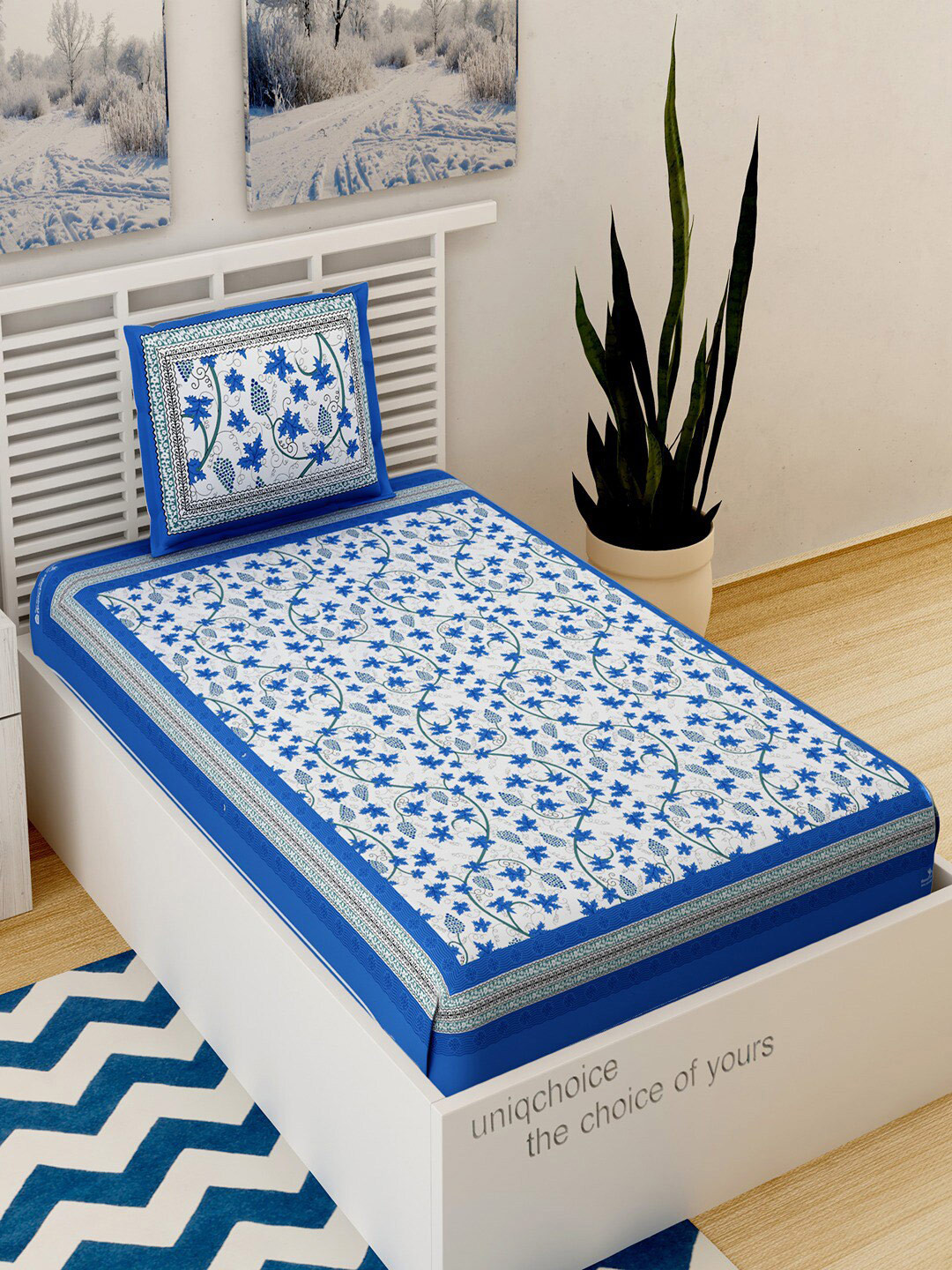 UNIQCHOICE Blue Ethnic Motifs Cotton 120 TC Single Bedsheet with a Pillow Cover-89 x 57 inches