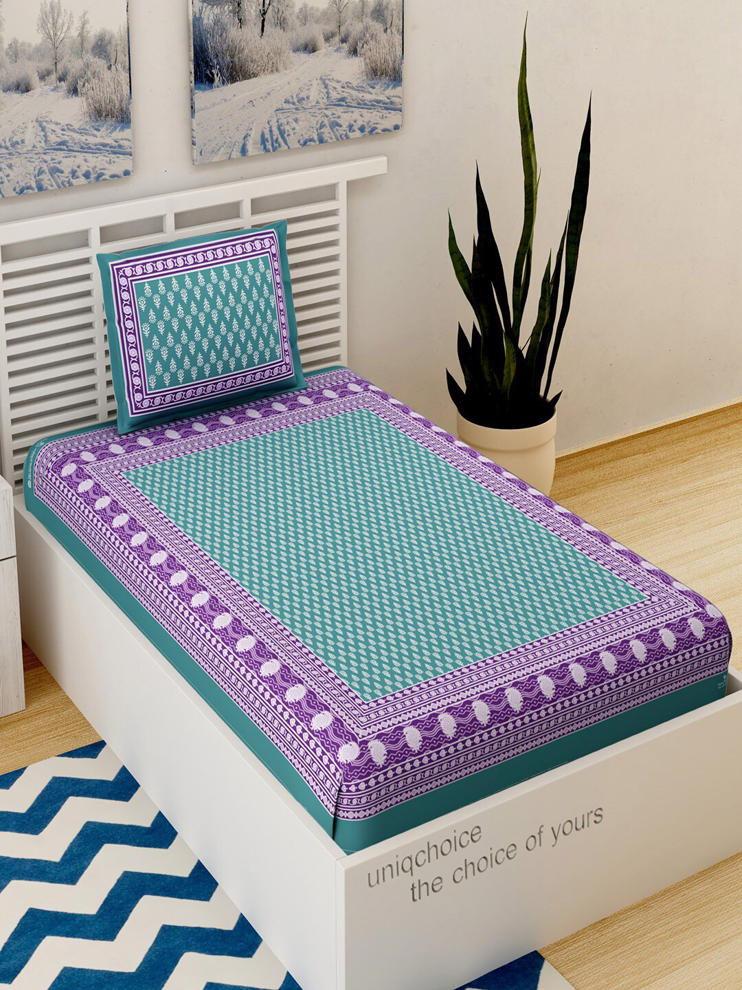 UNIQCHOICE Jaipuri Turquoise Blue Ethnic Motifs Pure Cotton 120 TC Single Bedsheet with 2 Pillow Covers-89 x 57 inches