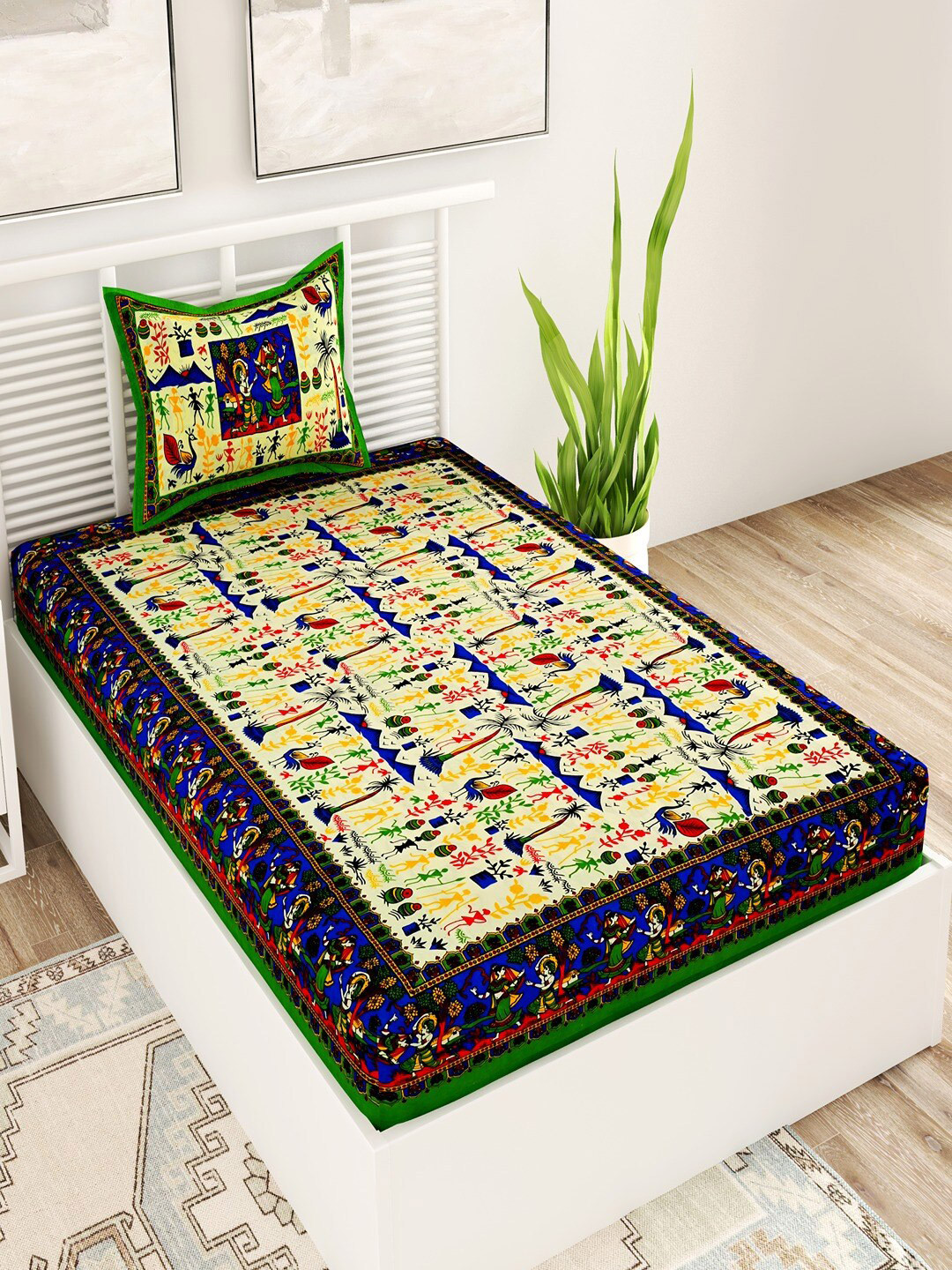 UNIQCHOICE Jaipuri Green Ethnic Motifs Pure Cotton 120 TC Fitted Single Bedsheet with a Pillow Cover-89 x 57 inches