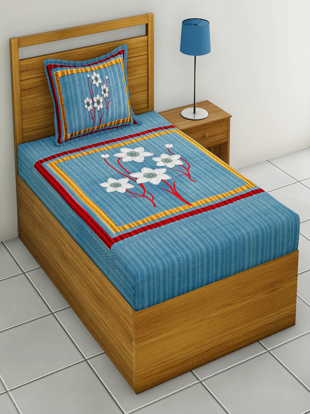 UNIQCHOICE Blue Floral Pure Cotton 120 TC Single Bedsheet with 2 Pillow Covers-225 x 150 cm