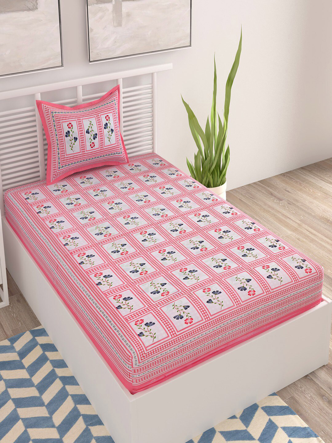 UNIQCHOICE Jaipur Pink Ethnic Motifs Cotton 120 TC Fitted Single Bedsheet with a Pillow Cover-89 x 57 inches