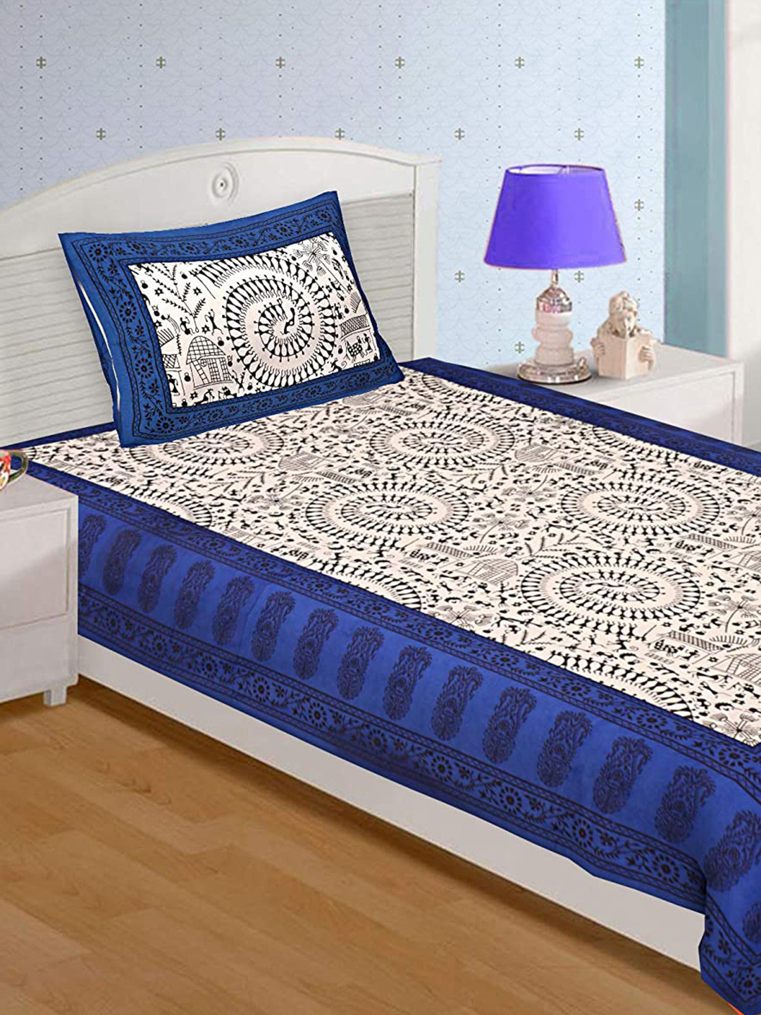 UNIQCHOICE Blue Ethnic Motifs Pure Cotton 120 TC Single Bedsheet with a Pillow Cover-225 x 145 cm