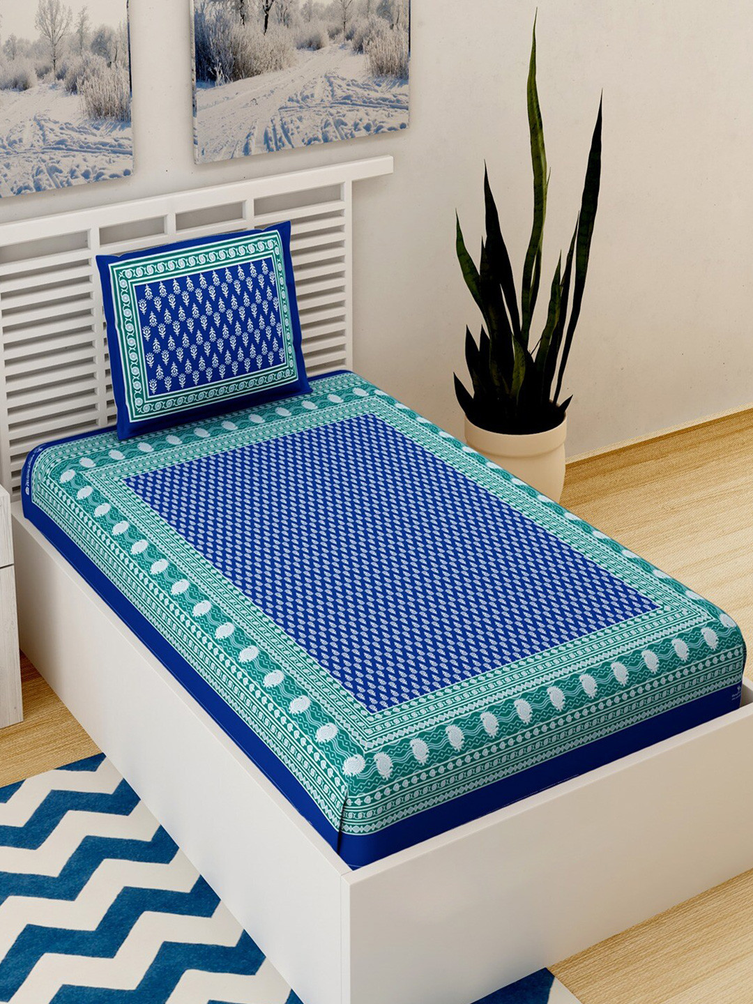 UNIQCHOICE Tinkambuti Blue Ethnic Motifs Pure Cotton 120 TC Single Bedsheet with a Pillow Cover-89 x 57 inches
