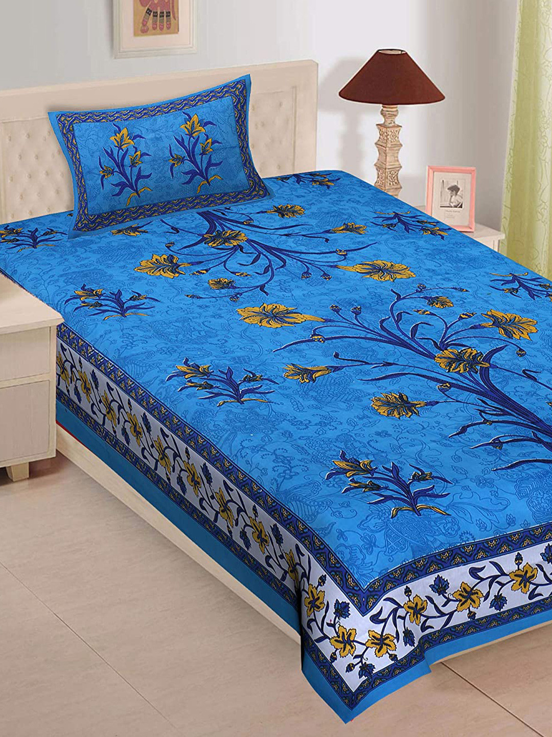 UNIQCHOICE Jaipuri Turquoise Blue Ethnic Motifs Pure Cotton 120 TC Single Bedsheet with a Pillow Cover-89 x 57 inches