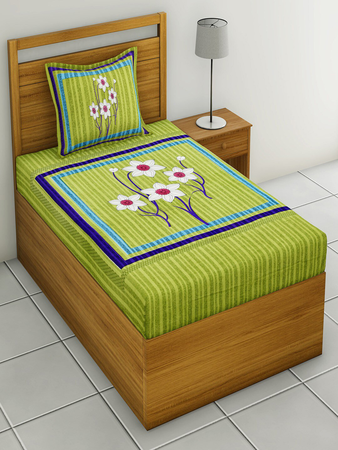 UNIQCHOICE Jaipuri Green Floral Cotton 120 TC Single Bedsheet with a Pillow Cover-89 x 57 inches