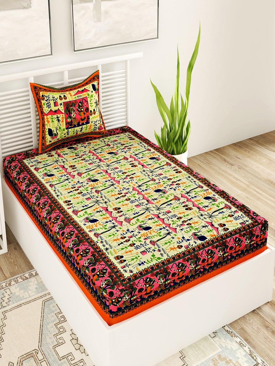 UNIQCHOICE Chokidani Yellow Ethnic Motifs Pure Cotton 120 TC Single Bedsheet with a Pillow Cover-225 x 145 cm