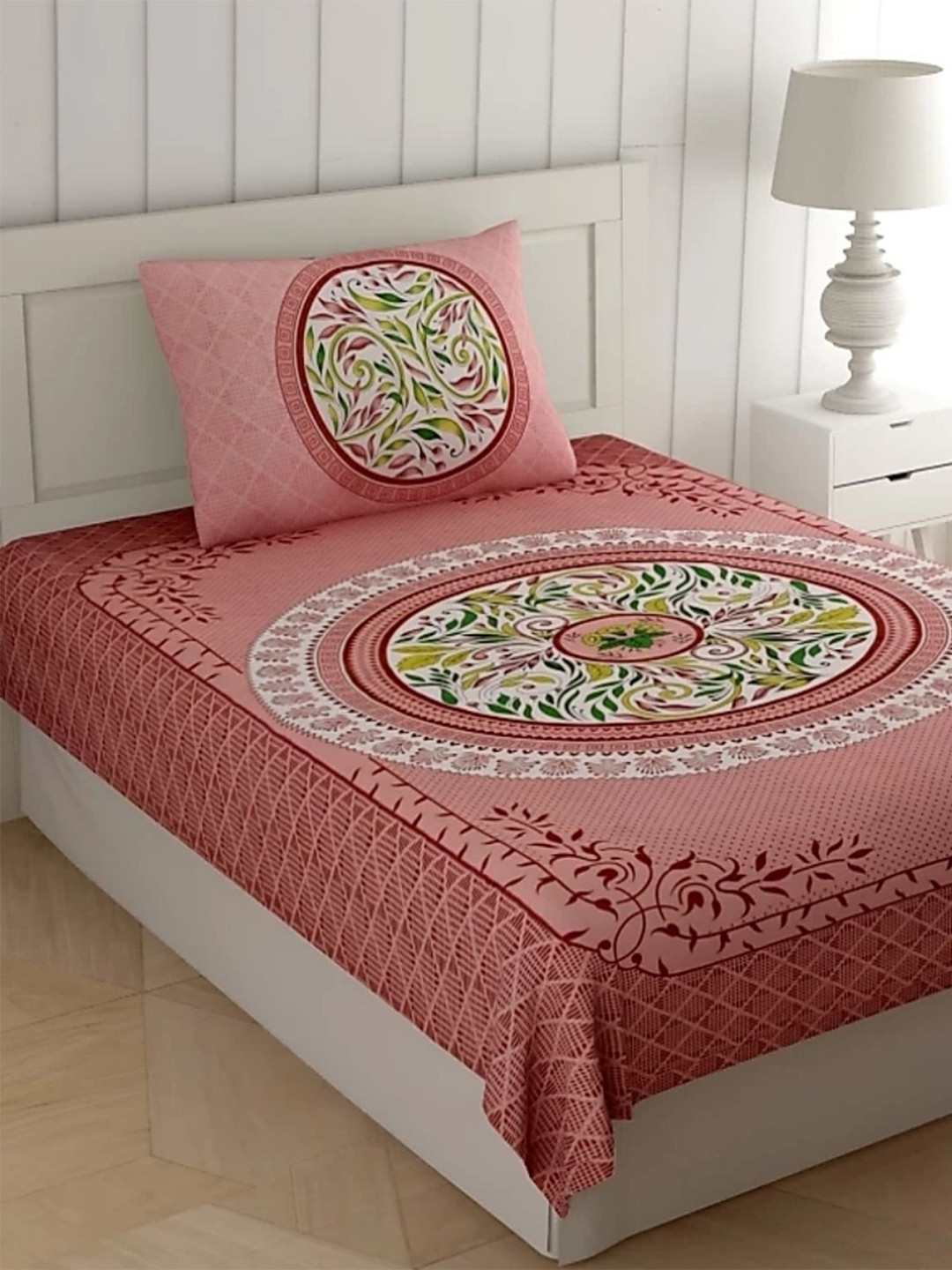 UNIQCHOICE Jaipuri Pink Ethnic Motifs Pure Cotton 120 TC Single Bedsheet with a Pillow Cover-225 x 145 cm