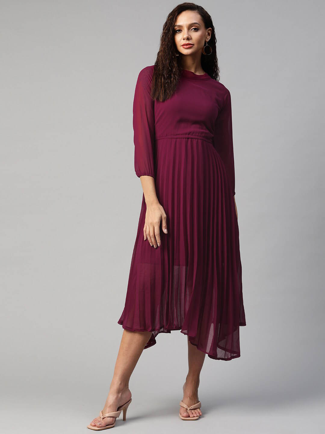 BAESD High Neck Accordion Pleated Asymmetric Fit and Flare Midi Dress