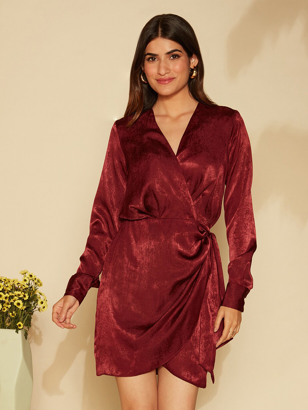20Dresses Maroon V-Neck Cuffed Sleeves Satin A-Line Mini Dress