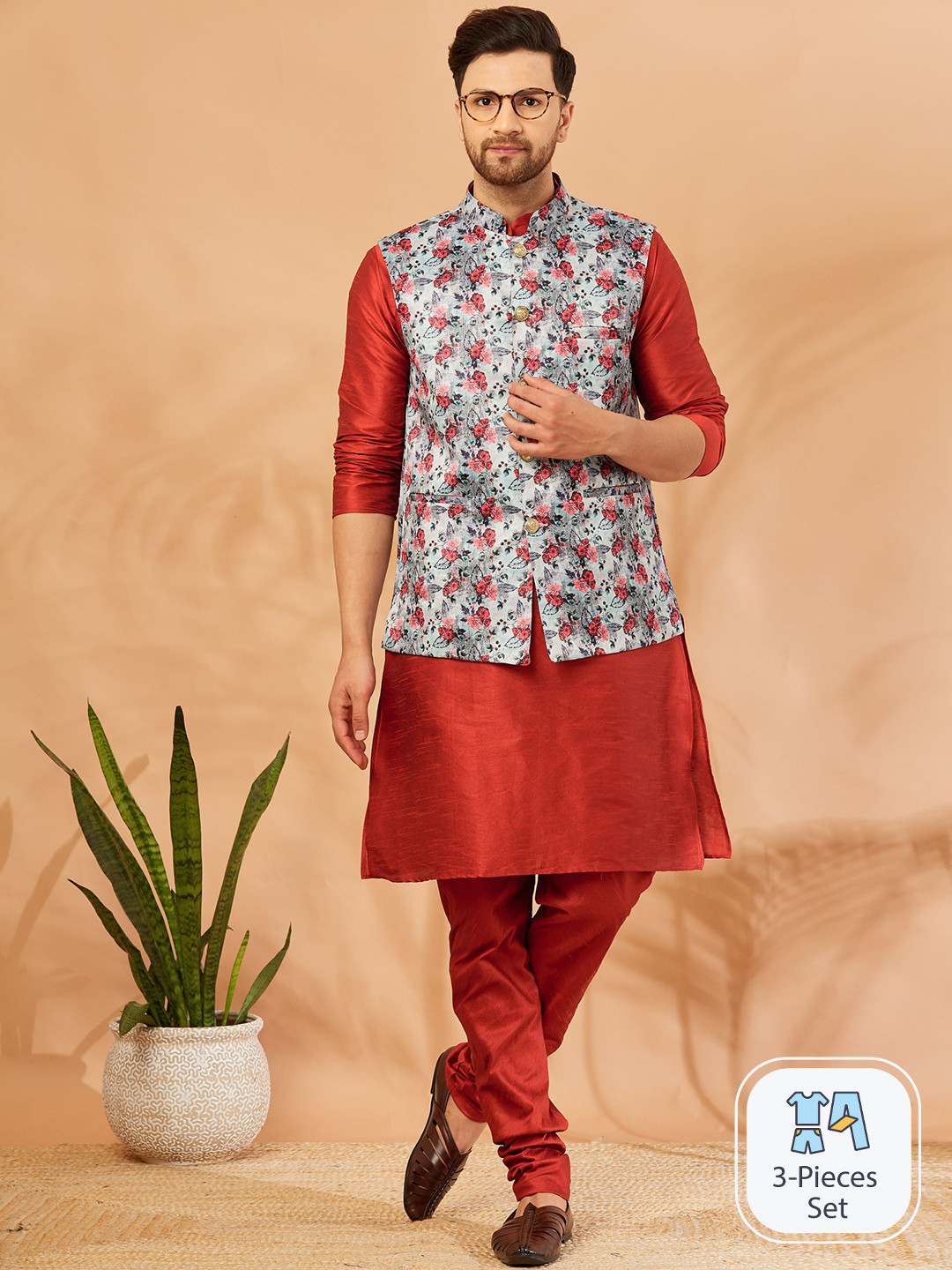 Armaan Ethnic Band Collar A-Line Kurta & Churidar With Nehru Jacket