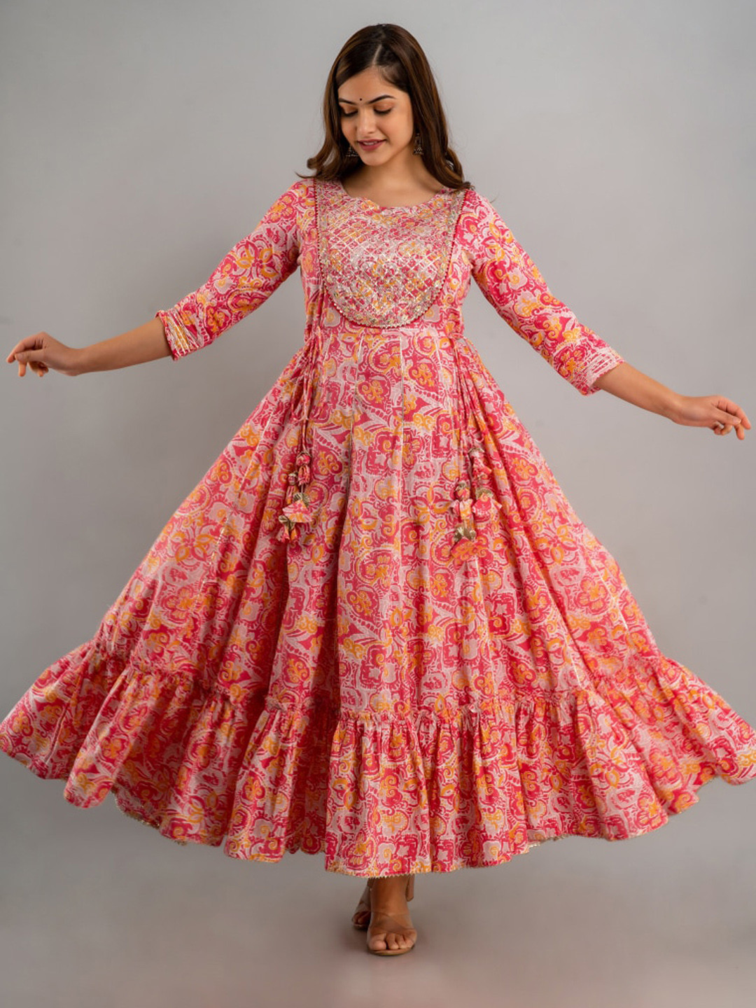 NISHABD Ethnic Motif Printed Gota Patti Panelled A-Line Ethnic Dress