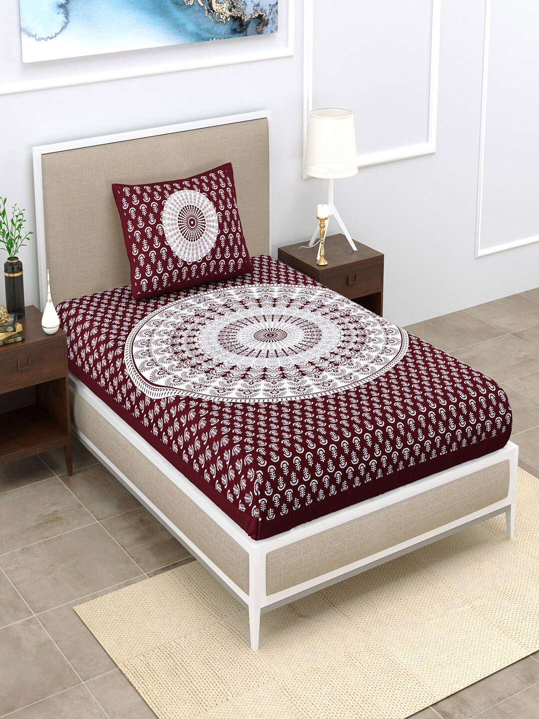 UNIQCHOICE Maroon Ethnic Motifs Pure Cotton 120 TC Single Bedsheet with 1 Pillow Cover