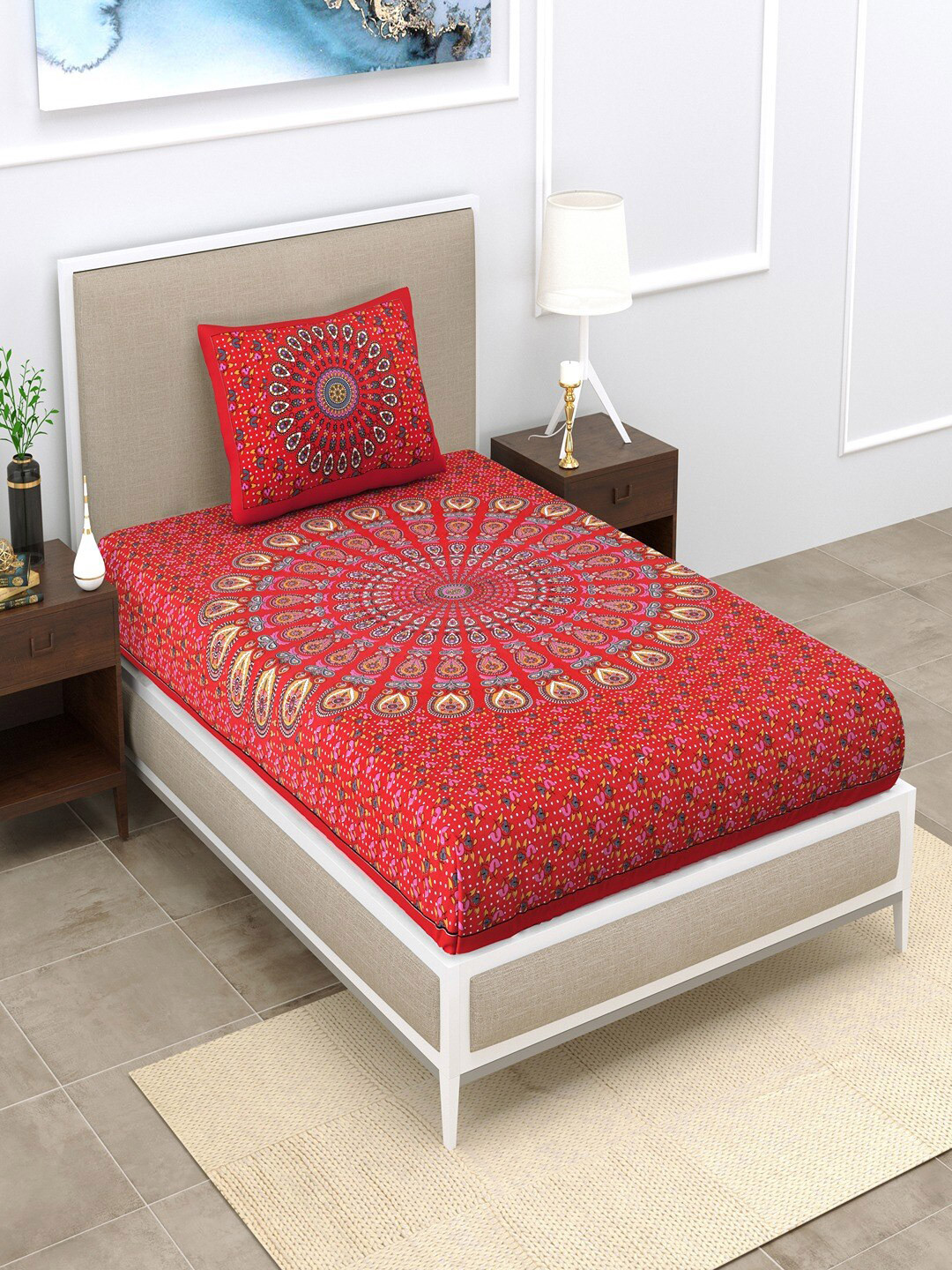 UNIQCHOICE Red Ethnic Motifs Pure Cotton 120 TC Single Bedsheet with a Pillow Cover-89 x 57 inches