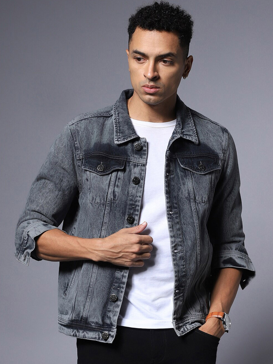 High Star Spread Collar Washed Cotton Denim Jacket