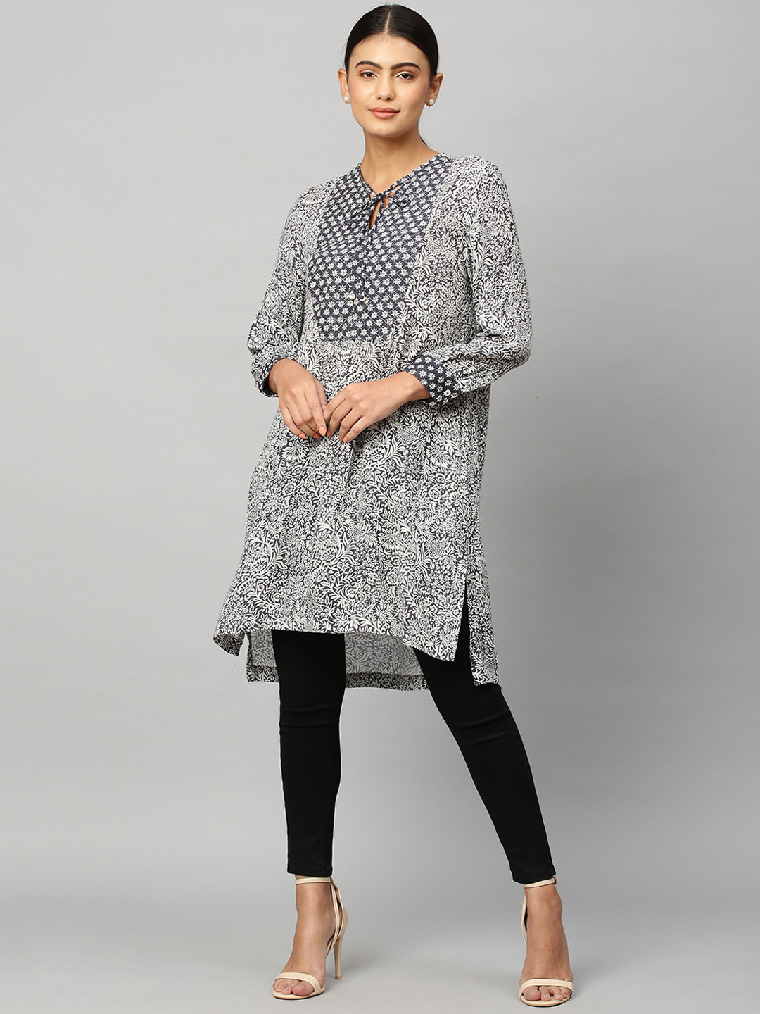 Modern Indian by CHEMISTRY Floral Printed Tie-Up Neck Straight Kurta