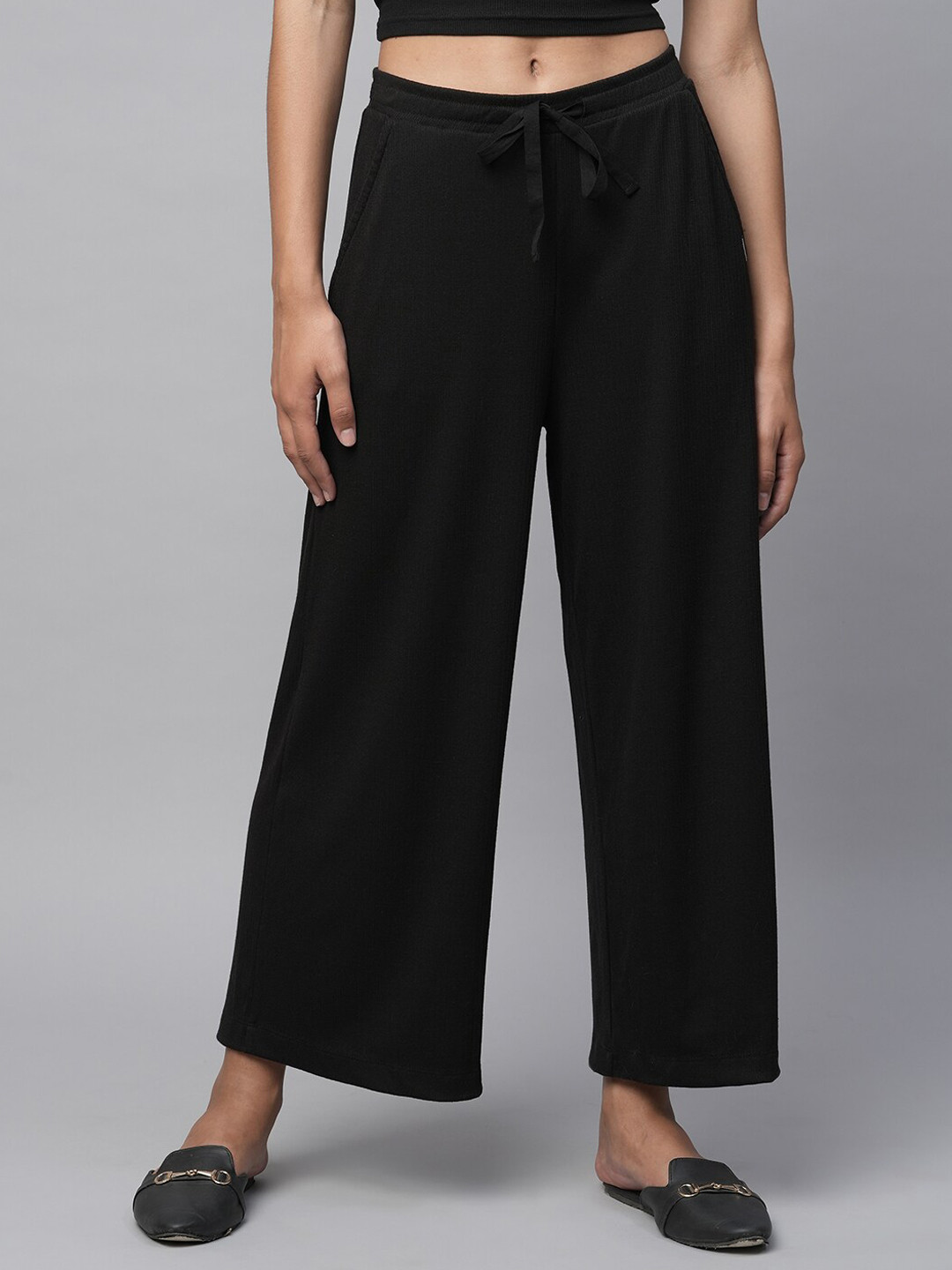 Chemistry Women Ribbed Knit Smart Smart Easy Wash Wide Leg Parallel Trouser