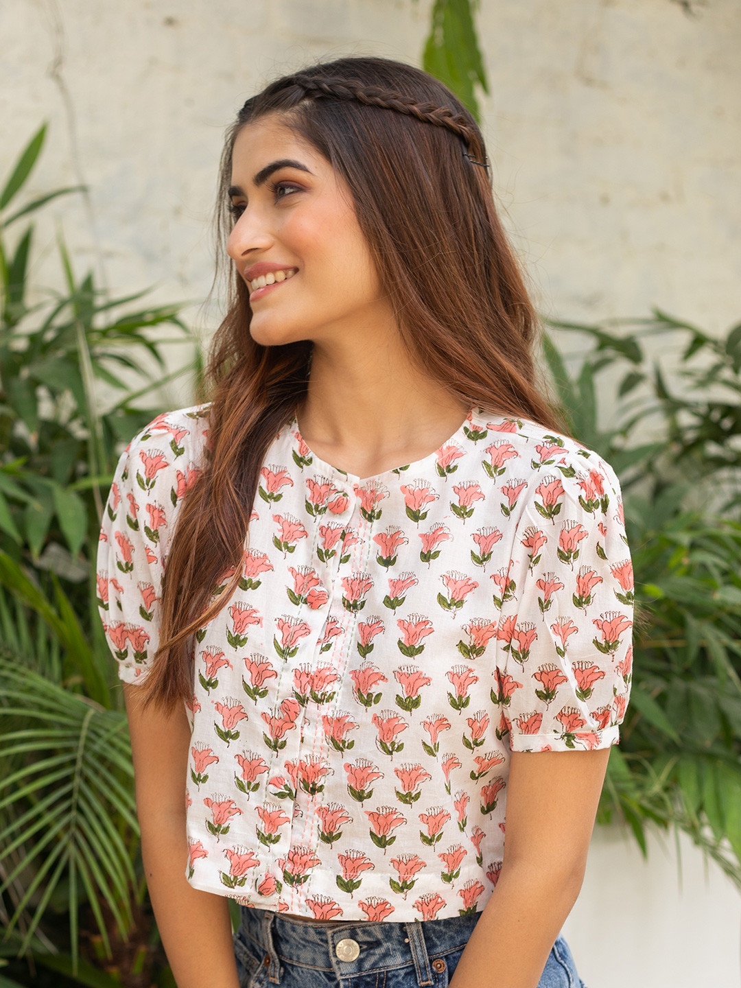 ANUVAS White Floral Print Cotton Top