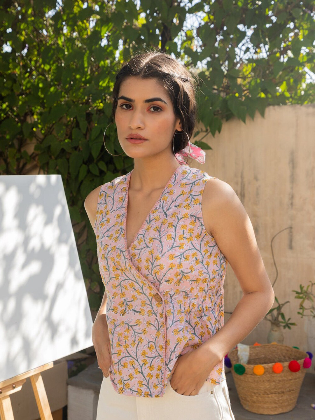 ANUVAS Floral Print Cotton Wrap Top