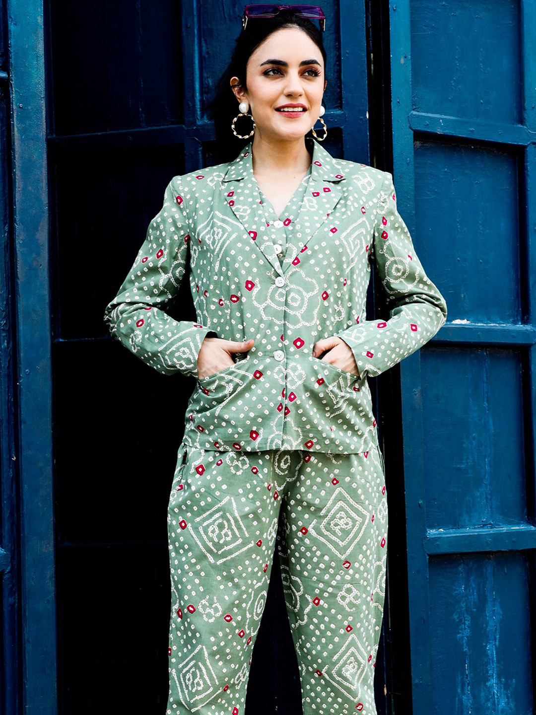AKS Couture Bandhani Printed Pure Cotton Blazer With Trousers & Waistcoat
