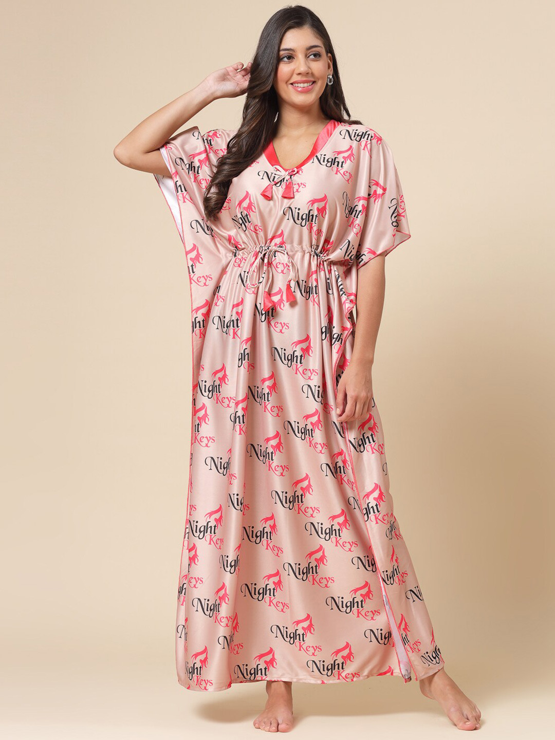 NIGHT KEYS Typography Printed Kaftan Nightdress