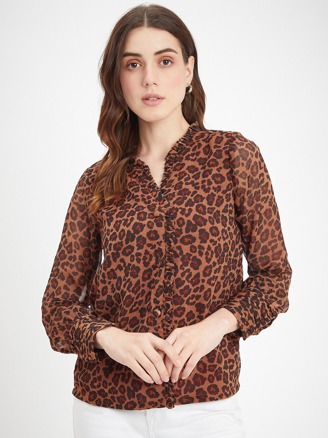 DELAN Animal Printed Ruffles Shirt Style Top