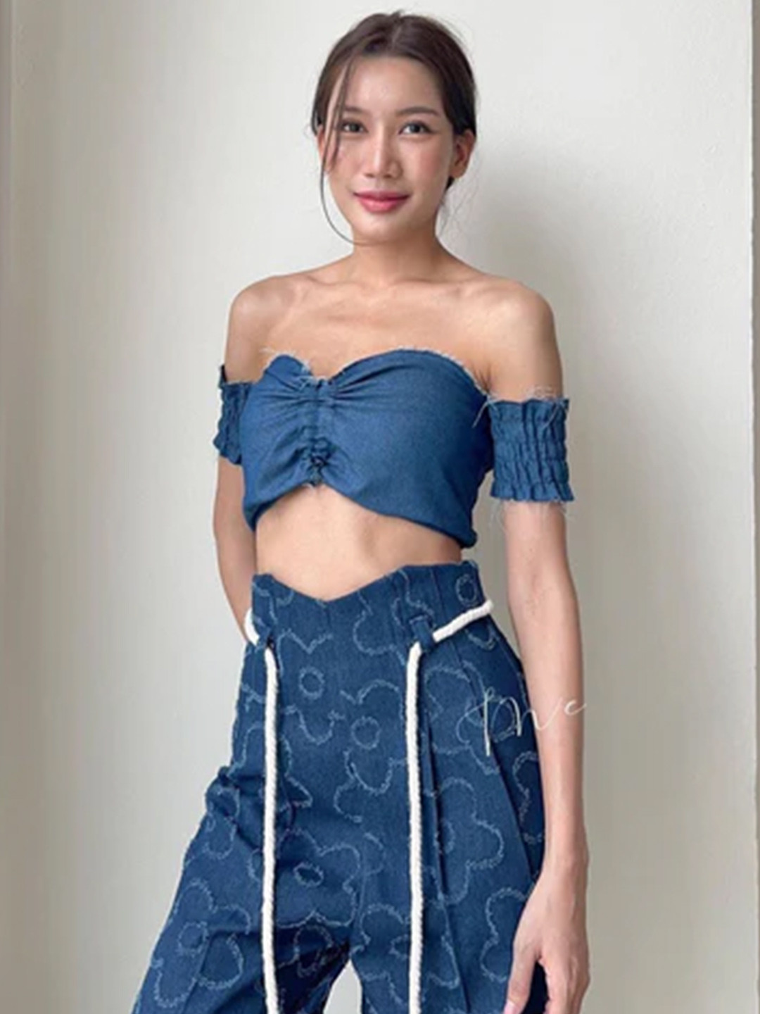 StyleAsh Off-Shoulder Ruched Denim Crop Top