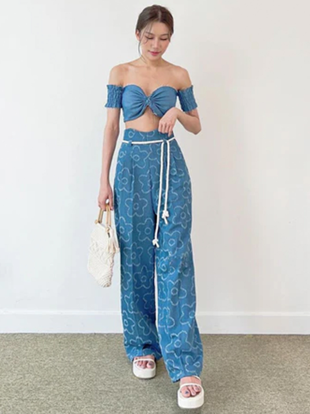 StyleAsh Off-Shoulder Ruched Denim Crop Top