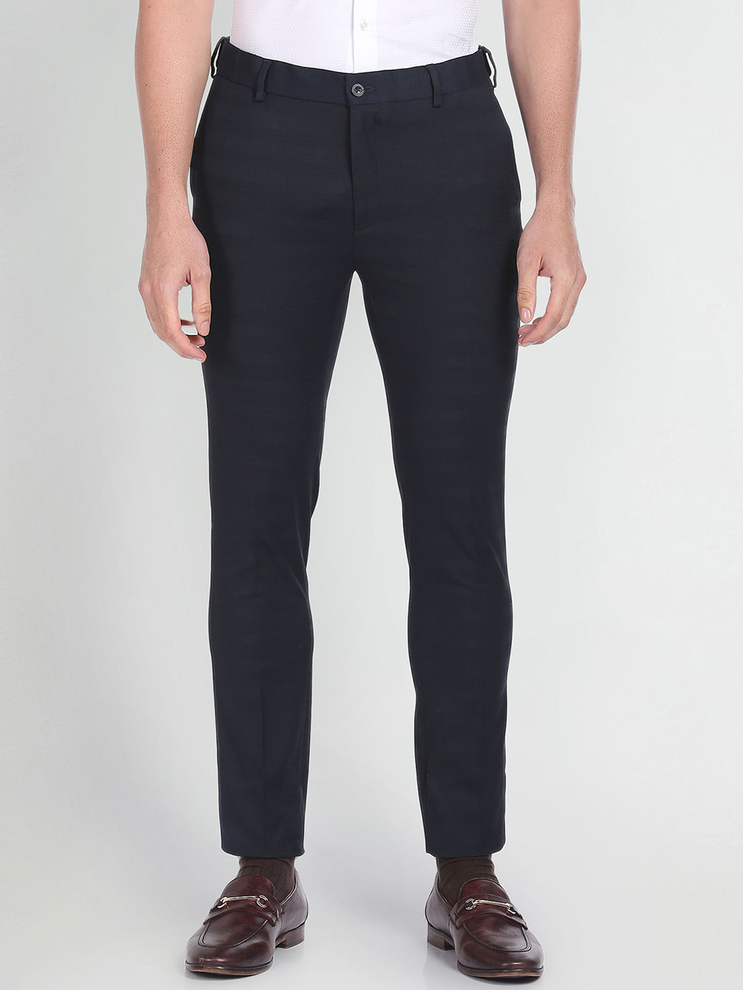 Arrow New York Men Mid-Rise Horizontal Stripe Herringbone Trousers