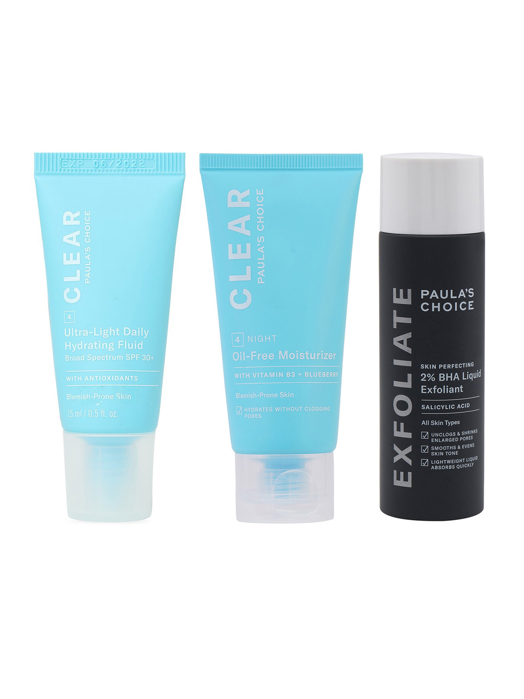 Paulas Choice Skin Perfecting Exfoliant Liquid + Clear Night Moisturizer + Hydrating Fluid