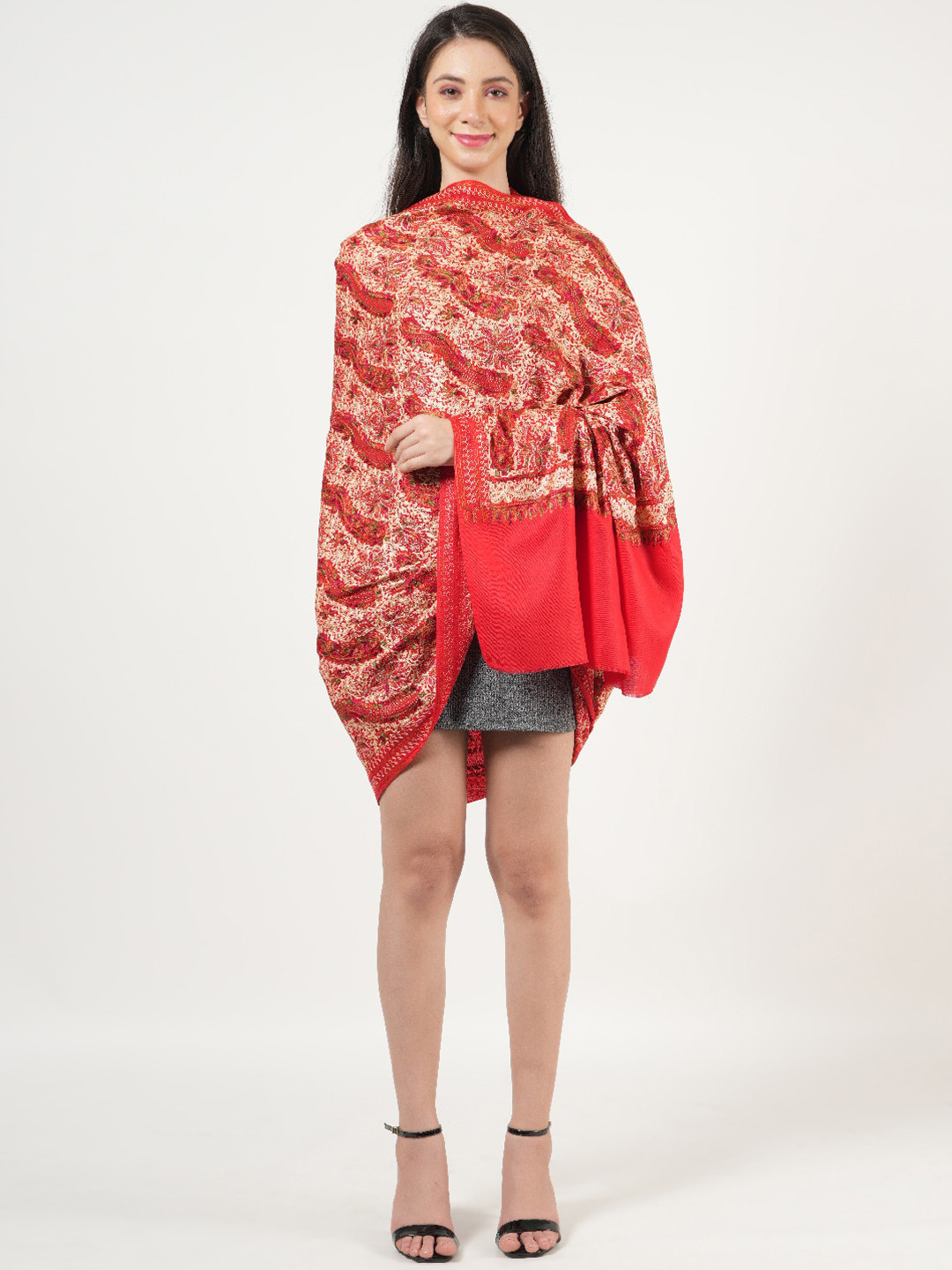 MUFFLY Ethnic Motifs Embroidered Jaal With Swarovski Crystal Shawl