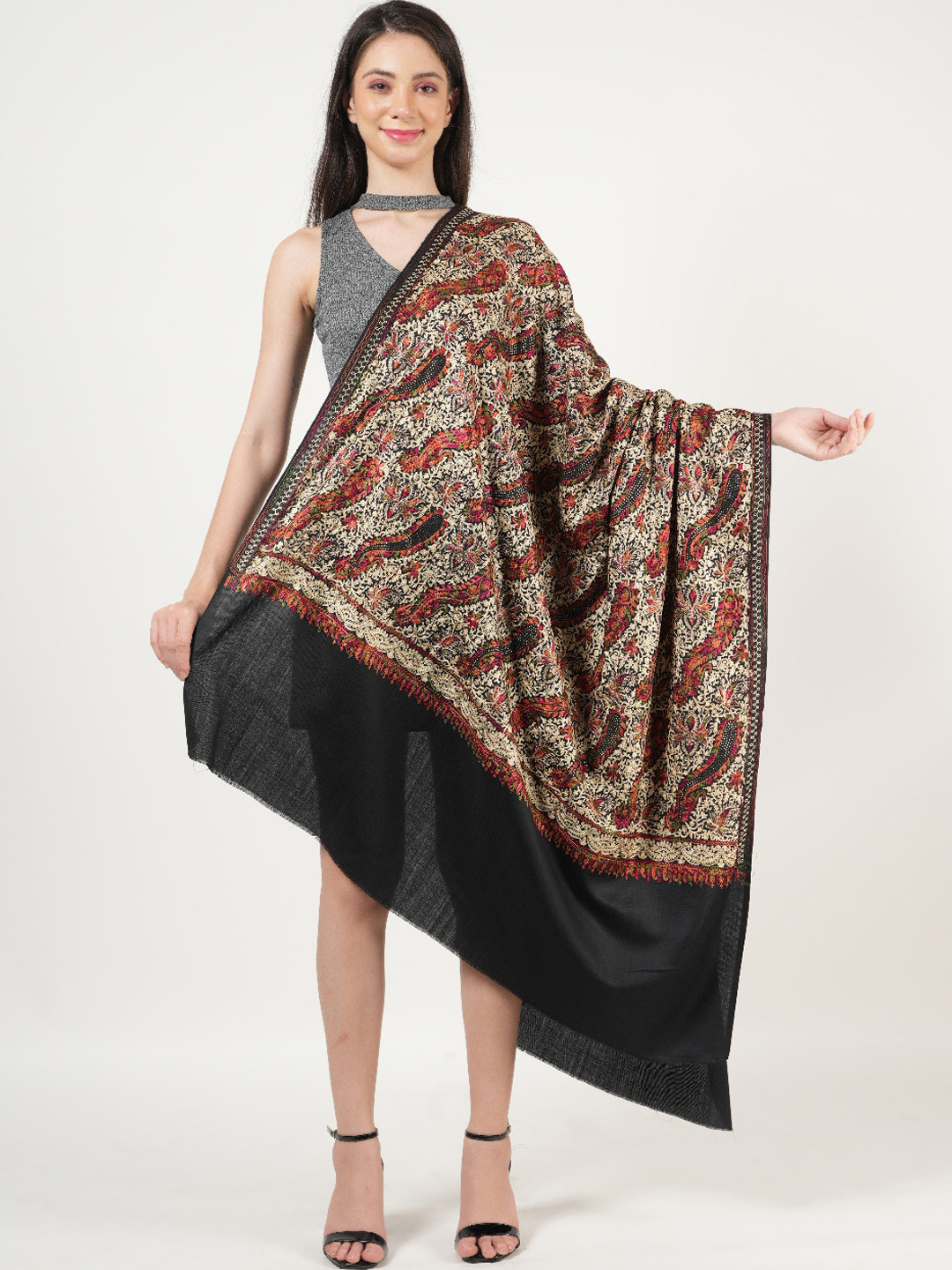 MUFFLY Ethnic Motifs Embroidered Jaal With Swarovski Crystal Pure Woollen Shawl