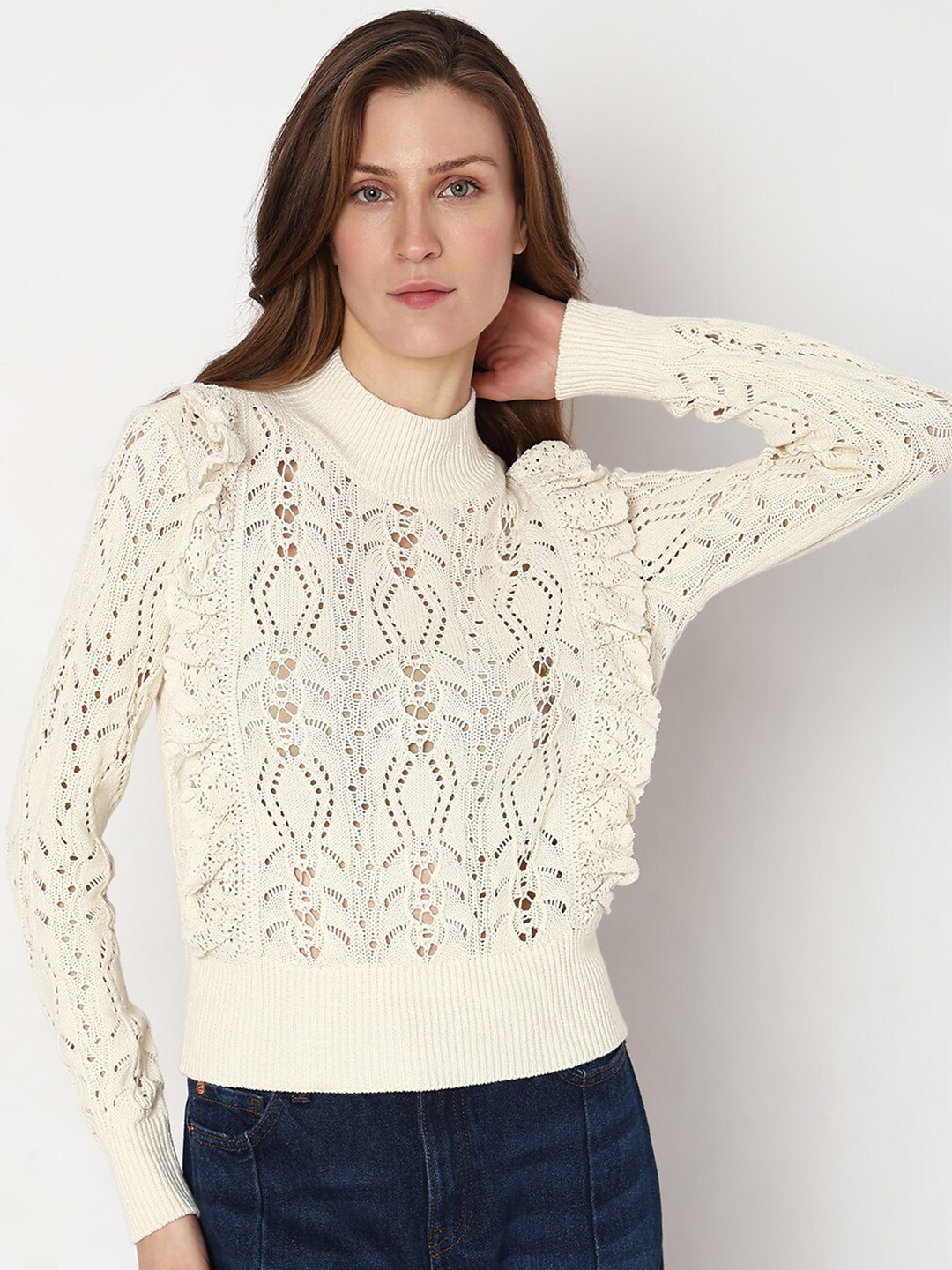 Vero Moda Self Design Turtle Neck Open Knit Pullover