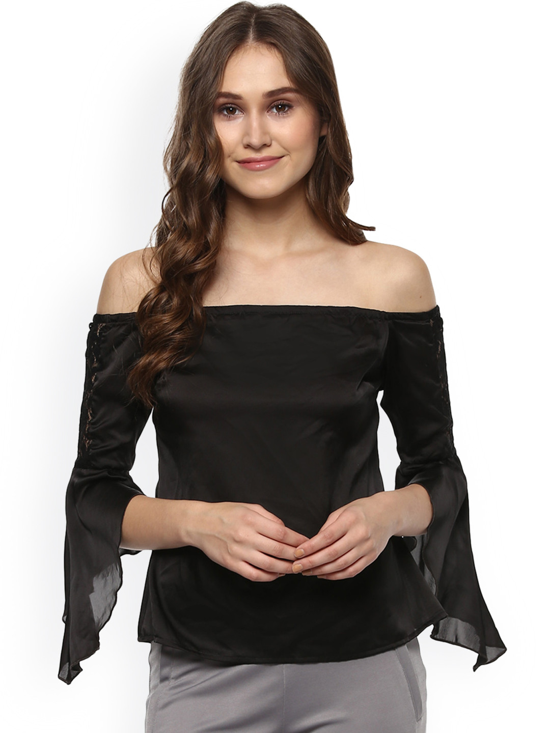 Kazo Women Black Solid Bardot Top
